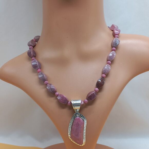 Jay King DTR Sterling Silver Purple Rhodonite Beads Necklace Large Pendant - Picture 2 of 10